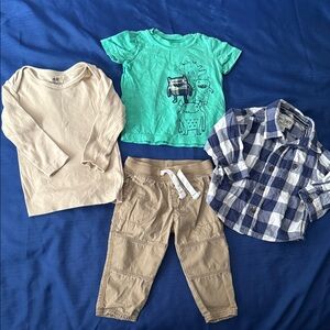 9m boys shirts and pants H&M, carters, place,Beige green, blue organic cotton